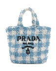 Pre-Loved Crochet Raffia Logo Tote Gingham Raffia Small with Gold Hardware, Light Blue and White