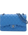 Pre-Loved Classic Double Flap Shoulder Bag Quilted Leather Jumbo with Ruthenium Hardware, Blue