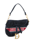 Pre-Loved Saddle Shoulder Bag Crocodile Embossed Velvet Mini with Aged Gold Hardware, Navy