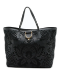 Pre-Loved Stirrup Tote Floral Suede Large with Gold Hardware, Black