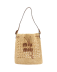 Pre-Loved Drawstring Bucket Bag Crochet Raffia with Gold Hardware, Natural Beige