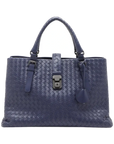 Pre-Loved Roma Tote Intrecciato Leather Medium with Gunmetal Hardware, Navy Blue
