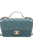 Pre-Loved Mini Flap Bag with Top Handle Handbag Quilted Leather Mini with Gold Hardware, Teal Blue