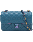 Pre-Loved Classic Single Flap Crossbody Bag Quilted Leather Mini with Rainbow Iridescent Hardware, Teal Blue