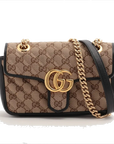 Pre-Loved GG Marmont Shoulder Bag Monogram Coated Canvas Mini with Gold Hardware, Beige / Ebony with Black Leather Trim