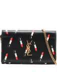 Pre-Loved Kate Chain Wallet Crossbody Bag Lipstick Print Leather Small with Gold Hardware, Black