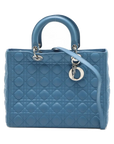 Pre-Loved Lady Dior Handbag Cannage Leather Large with Silver Hardware, Blue