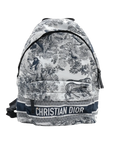 Pre-Loved DiorTravel Backpack Toile de Jouy Coated Canvas Medium with Black Hardware, White and Navy Blue