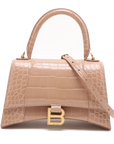 Pre-Loved Hourglass Handbag Crocodile Embossed Leather Small with Gold Hardware, Beige
