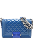 Pre-Loved Boy Shoulder Bag Quilted Patent Leather Small with Silver Hardware, Blue