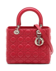 Pre-Loved Lady Dior Handbag Cannage Leather Medium with Silver Hardware, Red