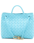 Pre-Loved Andiamo Handbag Intrecciato Leather Small with Gold Hardware, Light Blue