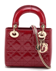 Pre-Loved Lady Dior Handbag Cannage Patent Leather Mini with Gold Hardware, Red
