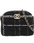 Pre-Loved Camera Bag Crossbody Bag Plaid Tweed Mini with Gold Hardware, Black and White