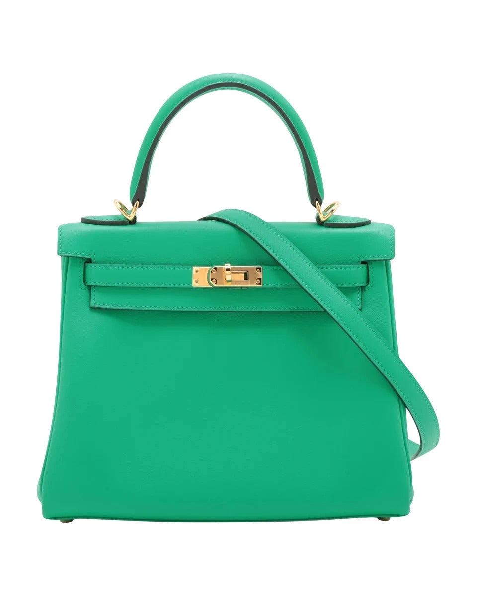 Pre-Loved Kelly Handbag Leather 25 with Gold Hardware, Vert Jade