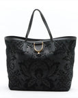 Pre-Loved Stirrup Tote Floral Suede Large with Gold Hardware, Black