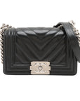 Pre-Loved Boy Shoulder Bag Chevron Leather Small with Silver Hardware, Black