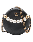 Pre-Loved Pearl Round Clutch with Chain Crossbody Bag Quilted Leather Mini with Aged Gold Hardware, Black