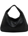 Pre-Loved Veneta Shoulder Bag Intrecciato Leather Medium with Gold Hardware, Black