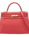 Pre-Loved Kelly Retourne Handbag Leather 32 with Gold Hardware, Red