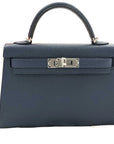 Pre-Loved Kelly Handbag Leather Mini II with Palladium Hardware, Navy Blue