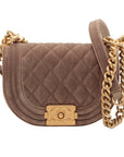 Pre-Loved Boy Round Crossbody Bag Quilted Velvet Small with Aged Gold Hardware, Taupe