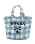 Pre-Loved Crochet Raffia Logo Tote Gingham Raffia Small with Gold Hardware, Light Blue and White