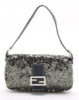 Pre-Loved Mamma Baguette Shoulder Bag Sequined with Silver Hardware, Silver