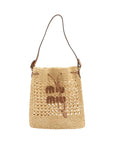 Pre-Loved Drawstring Bucket Bag Crochet Raffia with Gold Hardware, Natural Beige