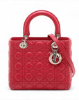 Pre-Loved Lady Dior Handbag Cannage Leather Medium with Silver Hardware, Red