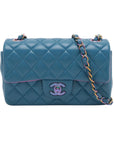 Pre-Loved Classic Single Flap Crossbody Bag Quilted Leather Mini with Rainbow Iridescent Hardware, Teal Blue