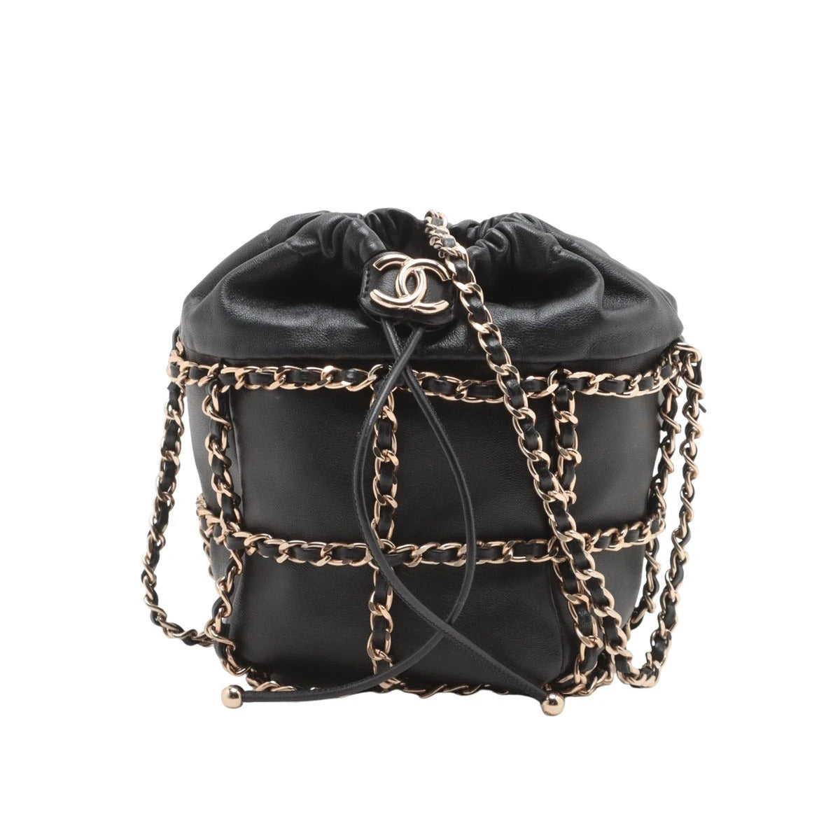 CHANEL ノベルティ　ブラックレザー キルティングバッグ Pre-Loved Chain Cage Drawstring Bucket Bag Leather Mini with Gold