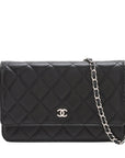 Pre-Loved Wallet on Chain Crossbody Bag Quilted Leather with Silver Hardware, Black