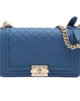 Pre-Loved Boy Shoulder Bag Quilted Leather Old Medium with Light Gold Hardware, Blue