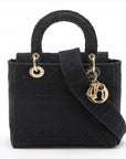 Pre-Loved Lady D-Lite Handbag Cannage Canvas Medium with Gold Hardware, Black