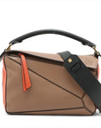 Pre-Loved Puzzle Handbag Leather Small with Gold Hardware, Taupe/Orange/Black