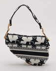 Pre-Loved Saddle Shoulder Bag Star Canvas Medium with Aged Gold Hardware, Navy and White