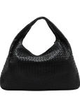 Pre-Loved Veneta Shoulder Bag Intrecciato Leather Medium with Gold Hardware, Black
