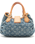 Pre-Loved Pleaty Handbag Monogram Denim Small with Gold Hardware, Blue