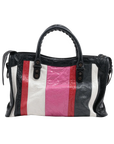 Pre-Loved Classic City Handbag Striped Leather Small with Aged Bronze Hardware, Black, White, Pink, Red