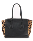 Pre-Loved Twin Pocket Tote Tote Leopard Leather Small with Silver Hardware, Black