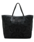 Pre-Loved Stirrup Tote Floral Suede Large with Gold Hardware, Black