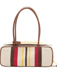 Pre-Loved Bowling Bag Handbag Striped Canvas Small with Gold Hardware, Beige Multicolor