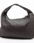 Pre-Loved Veneta Shoulder Bag Intrecciato Leather Medium with Gunmetal Hardware, Dark Brown