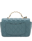 Pre-Loved Mini Flap Bag with Top Handle Handbag Quilted Leather Mini with Gold Hardware, Teal Blue