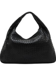 Pre-Loved Veneta Shoulder Bag Intrecciato Leather Medium with Gold Hardware, Black