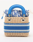 Pre-Loved Lady Dior Handbag Wicker Oblique Medium with Gold Hardware, Natural Beige and Blue