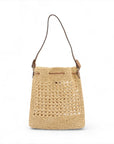 Pre-Loved Drawstring Bucket Bag Crochet Raffia with Gold Hardware, Natural Beige