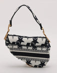 Pre-Loved Saddle Shoulder Bag Star Canvas Medium with Aged Gold Hardware, Navy and White
