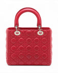 Pre-Loved Lady Dior Handbag Cannage Leather Medium with Silver Hardware, Red